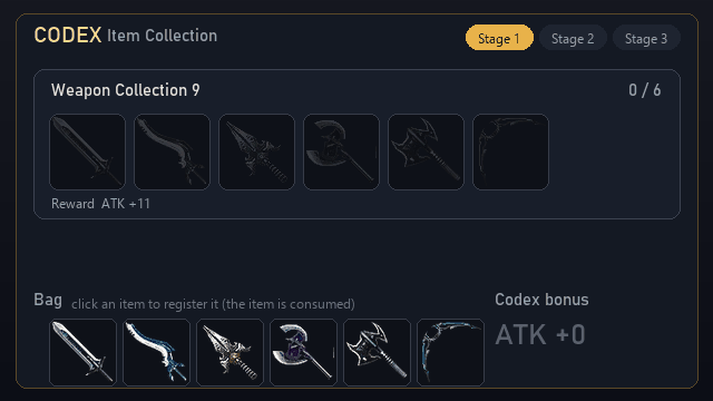 Codex: registering six weapons completes Weapon Collection 9 for ATK +11